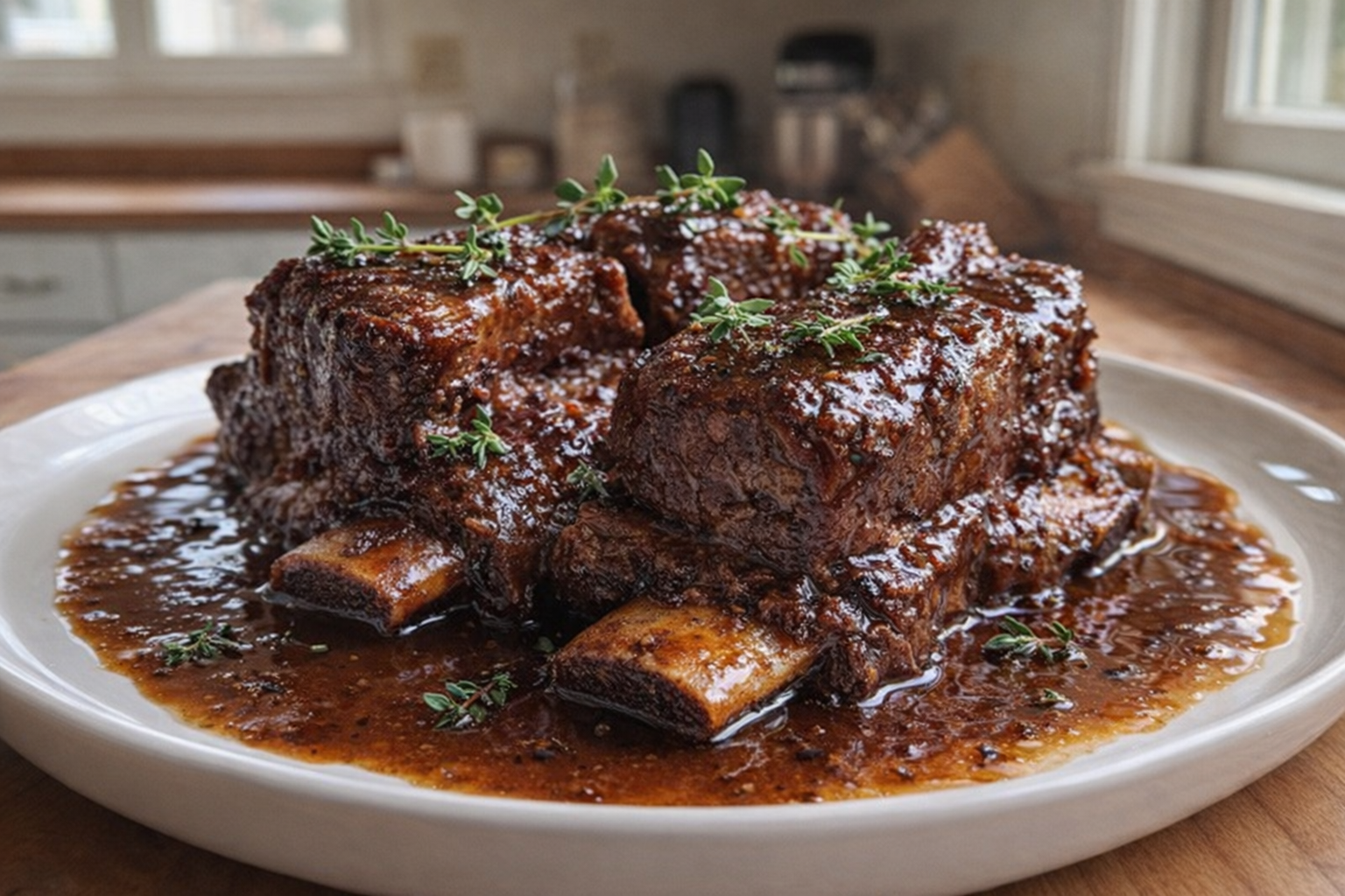A close-up, eye-level shot of braised beef short ribs on a white plate, glistening with sauce, garnished with fresh thyme, soft, natural light